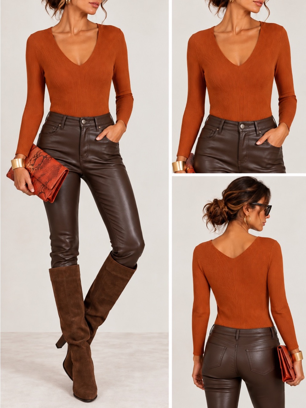 Lafayette 148 New York Rust 100% Viscose Ribbed V-Neck Knit Top Size L